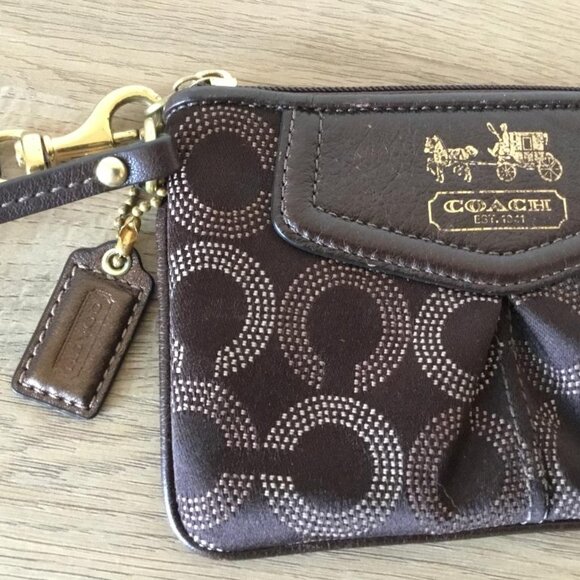 Coach Madison Brown Satin Fabric Wristlet Leather Trim Horse & Carriage Emblem - Picture 3 of 8